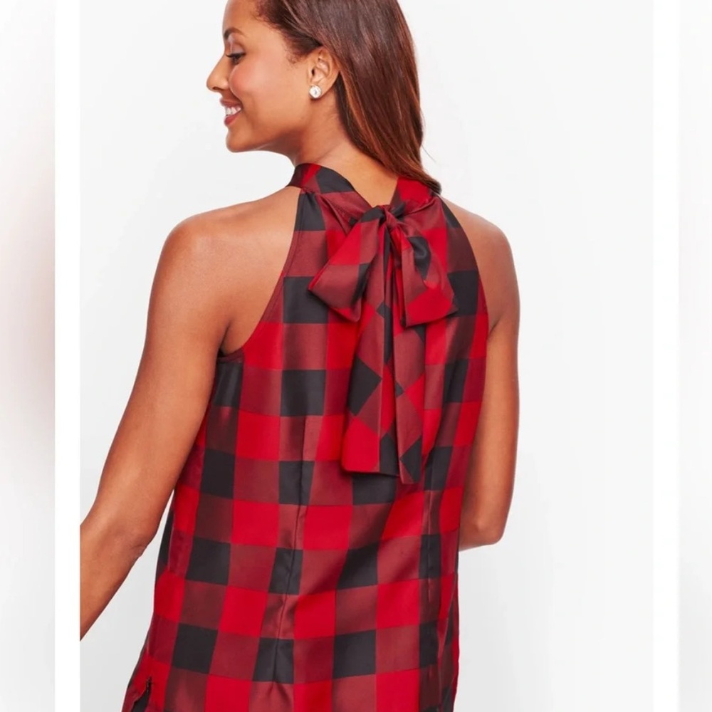 Talbots Red and Black Buffalo Check Sleeveless Top with Bow